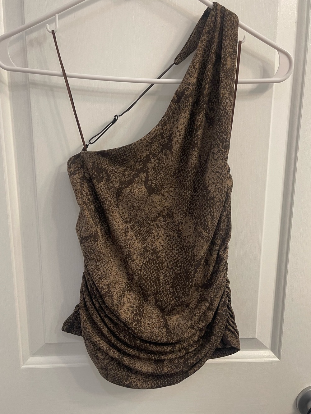 Abercrombie & Fitch Asymmetrical One-Shoulder Brown Snake-Print Top